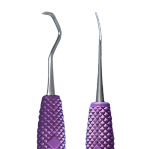 Dieses Instrument hat ein Jaquettearbeitsende (zum Ziehen) und ein meißelartiges Arbeitsende (zum Schieben). Einzigartiges Griffmuster.